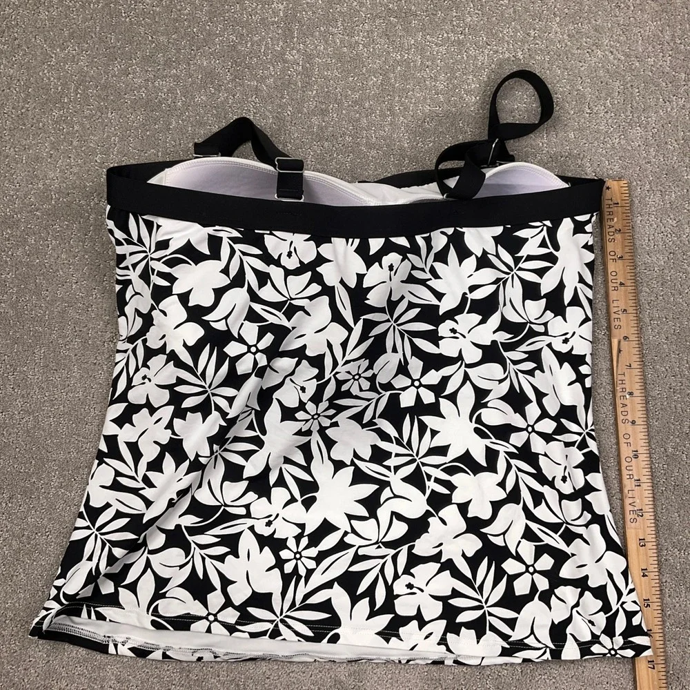 Lands End‎ Tankini Top Womens 16D Black White Hibiscus Bandeau Swim Resort Beach